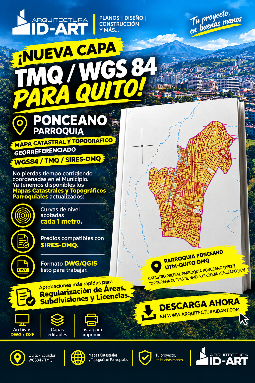 PARROQUIA PONCEANO MAPA PREDIAL Y TOPOGRÁFICO (CURVAS DE NIVEL) DM QUITO UTM TMQ SIRES DMQ
