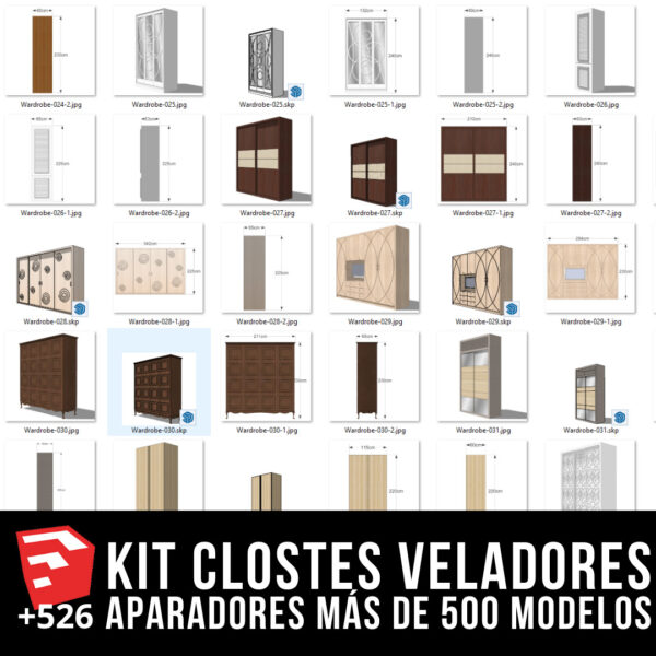 KIT CLOSETS VELADORES Y APARADORES + PACK DE MODELOS 3D + 526 BLOQUES PARA SKETCHUP