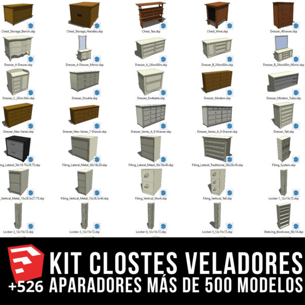 KIT CLOSETS VELADORES Y APARADORES + PACK DE MODELOS 3D + 526 BLOQUES PARA SKETCHUP