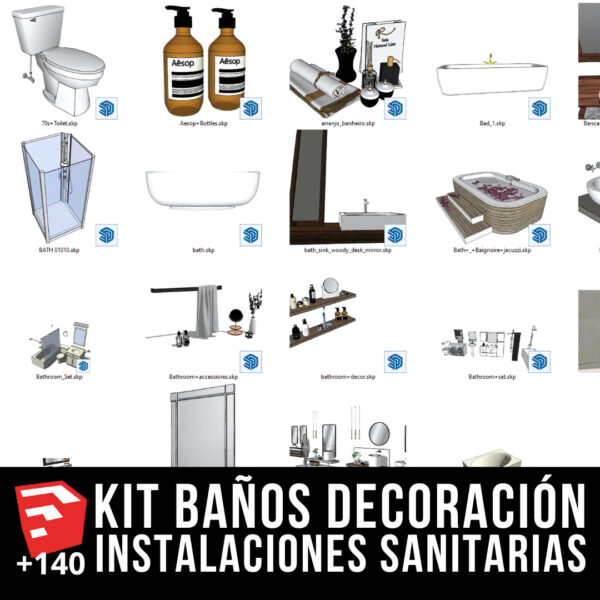 KIT DE BAÑOS + PACK DE DECORACIÓN E INSTALACIONES SANITARIAS +144 BLOQUES PARA SKETCHUP