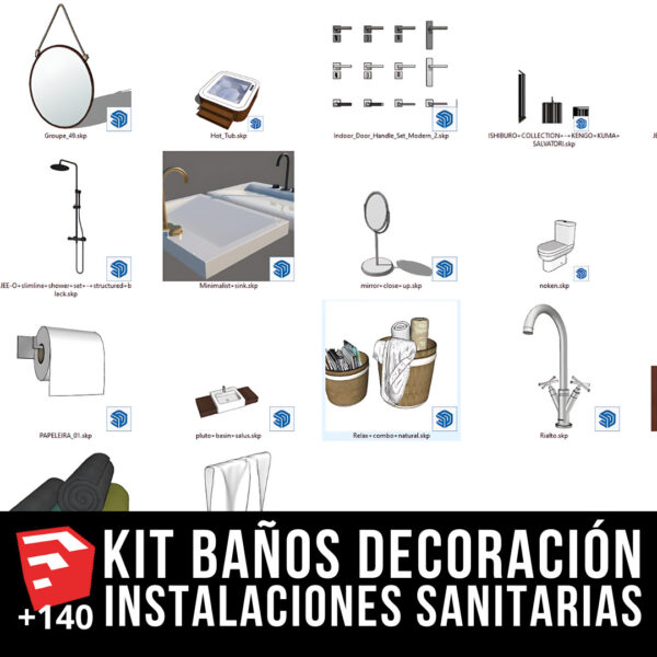 KIT DE BAÑOS + PACK DE DECORACIÓN E INSTALACIONES SANITARIAS +144 BLOQUES PARA SKETCHUP