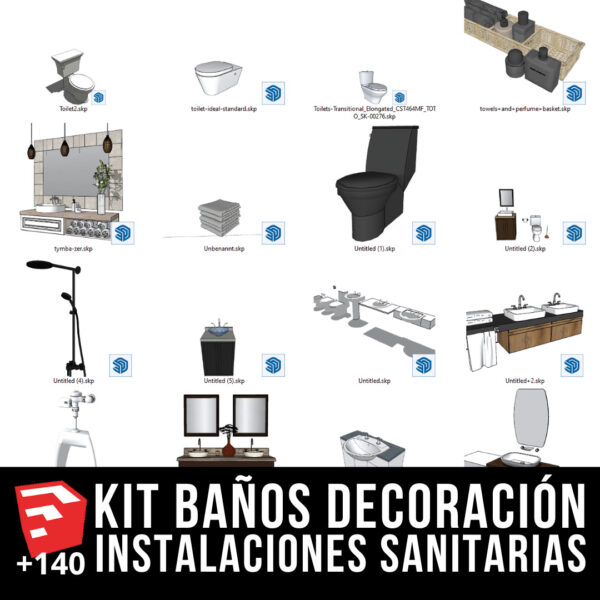 KIT DE BAÑOS + PACK DE DECORACIÓN E INSTALACIONES SANITARIAS +144 BLOQUES PARA SKETCHUP