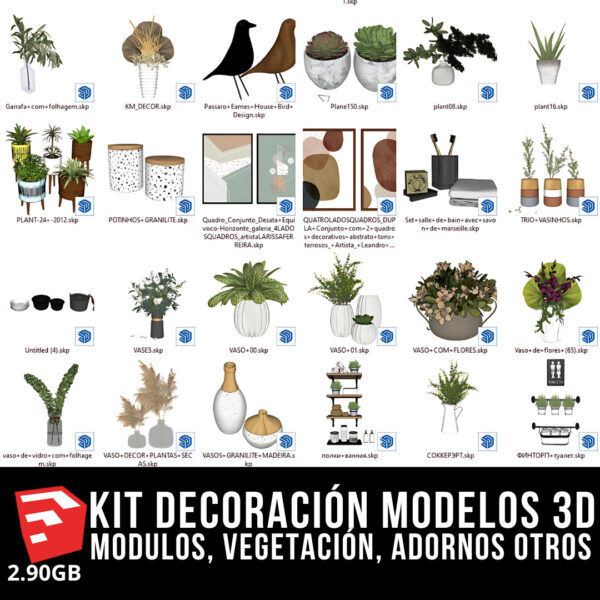 KIT DECORACIÓN INTERIOR + 4 PACKS MODELOS 3D + 2.90GB MODELOS 3D BLOQUES PARA SKETCHUP MODULOS, VEGETACIÓN, ADORNOS DE ALTA CALIDAD Y OTROS