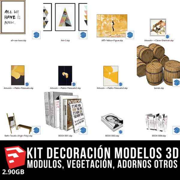 KIT DECORACIÓN INTERIOR + 4 PACKS MODELOS 3D + 2.90GB MODELOS 3D BLOQUES PARA SKETCHUP MODULOS, VEGETACIÓN, ADORNOS DE ALTA CALIDAD Y OTROS