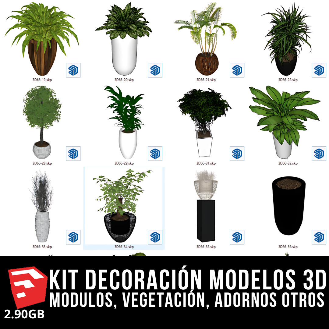 KIT DECORACIÓN INTERIOR + 4 PACKS MODELOS 3D + 2.90GB MODELOS 3D BLOQUES PARA SKETCHUP MODULOS, VEGETACIÓN, ADORNOS DE ALTA CALIDAD Y OTROS