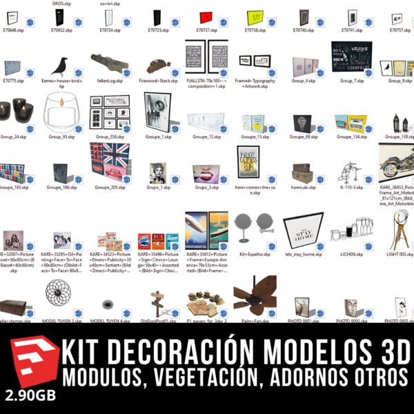 KIT DECORACIÓN INTERIOR + 4 PACKS MODELOS 3D + 2.90GB MODELOS 3D BLOQUES PARA SKETCHUP MODULOS, VEGETACIÓN, ADORNOS DE ALTA CALIDAD Y OTROS