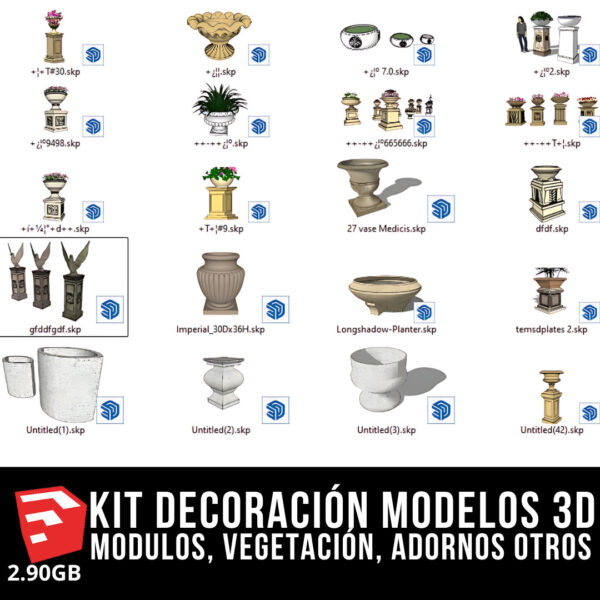 KIT DECORACIÓN INTERIOR + 4 PACKS MODELOS 3D + 2.90GB MODELOS 3D BLOQUES PARA SKETCHUP MODULOS, VEGETACIÓN, ADORNOS DE ALTA CALIDAD Y OTROS