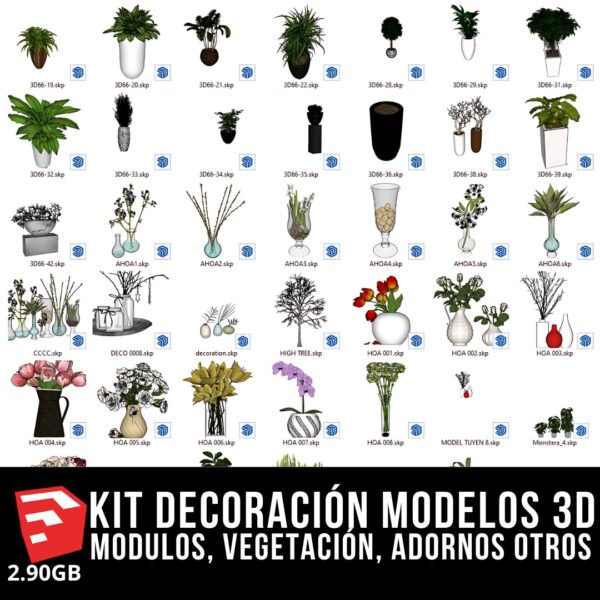 KIT DECORACIÓN INTERIOR + 4 PACKS MODELOS 3D + 2.90GB MODELOS 3D BLOQUES PARA SKETCHUP MODULOS, VEGETACIÓN, ADORNOS DE ALTA CALIDAD Y OTROS