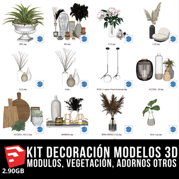 KIT DECORACIÓN INTERIOR + 4 PACKS MODELOS 3D + 2.90GB MODELOS 3D BLOQUES PARA SKETCHUP MODULOS, VEGETACIÓN, ADORNOS DE ALTA CALIDAD Y OTROS