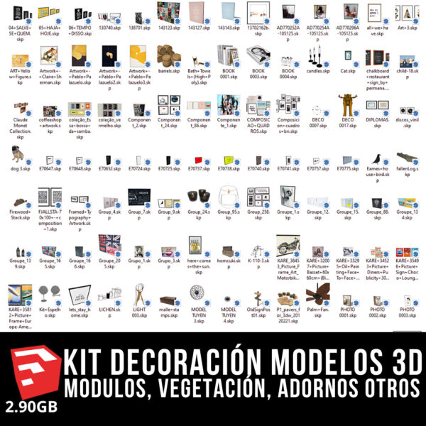 KIT DECORACIÓN INTERIOR + 4 PACKS MODELOS 3D + 2.90GB MODELOS 3D BLOQUES PARA SKETCHUP MODULOS, VEGETACIÓN, ADORNOS DE ALTA CALIDAD Y OTROS