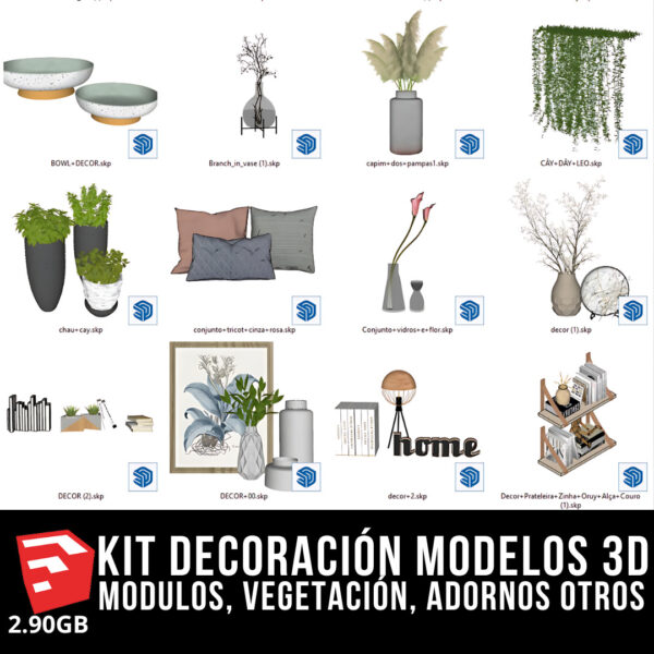 KIT DECORACIÓN INTERIOR + 4 PACKS MODELOS 3D + 2.90GB MODELOS 3D BLOQUES PARA SKETCHUP MODULOS, VEGETACIÓN, ADORNOS DE ALTA CALIDAD Y OTROS
