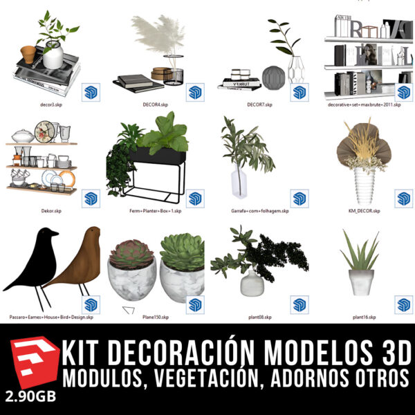 KIT DECORACIÓN INTERIOR + 4 PACKS MODELOS 3D + 2.90GB MODELOS 3D BLOQUES PARA SKETCHUP MODULOS, VEGETACIÓN, ADORNOS DE ALTA CALIDAD Y OTROS