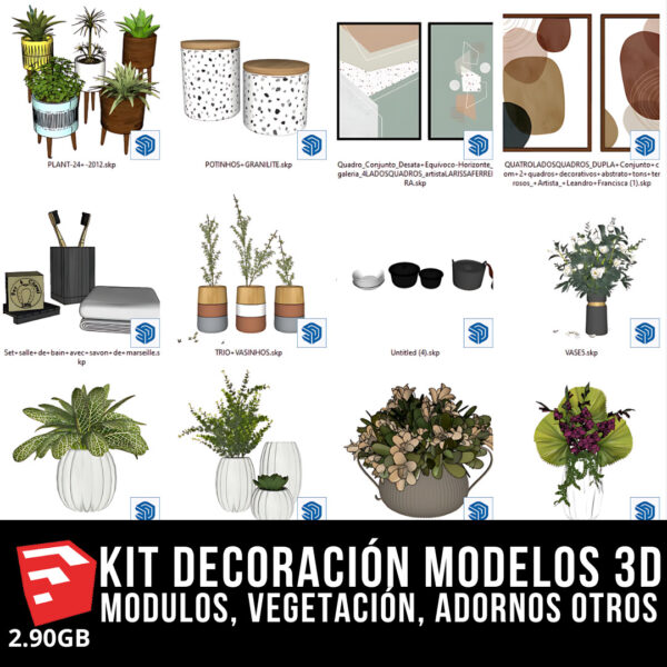 KIT DECORACIÓN INTERIOR + 4 PACKS MODELOS 3D + 2.90GB MODELOS 3D BLOQUES PARA SKETCHUP MODULOS, VEGETACIÓN, ADORNOS DE ALTA CALIDAD Y OTROS