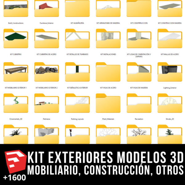KIT MOBILIARIO DE EXTERIORES + PACK CONSTRUCCIÓN + PACK VEGETACIÓN + PACK SEÑALETICA Y MÁS MODELOS 3D +1600 BLOQUES PARA SKETCHUP