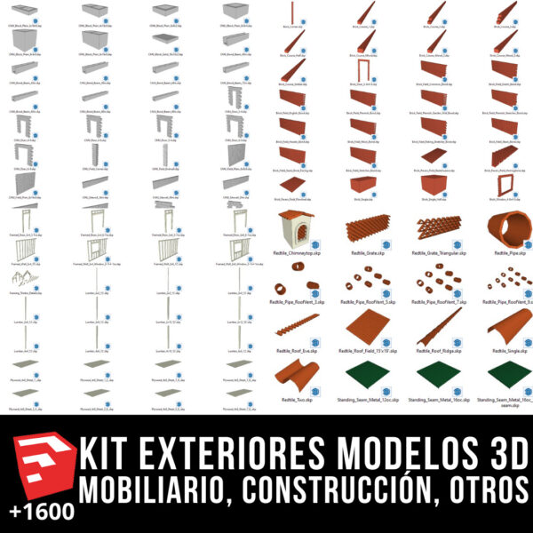 KIT MOBILIARIO DE EXTERIORES + PACK CONSTRUCCIÓN + PACK VEGETACIÓN + PACK SEÑALETICA Y MÁS MODELOS 3D +1600 BLOQUES PARA SKETCHUP