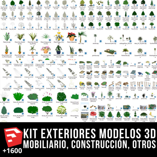 KIT MOBILIARIO DE EXTERIORES + PACK CONSTRUCCIÓN + PACK VEGETACIÓN + PACK SEÑALETICA Y MÁS MODELOS 3D +1600 BLOQUES PARA SKETCHUP