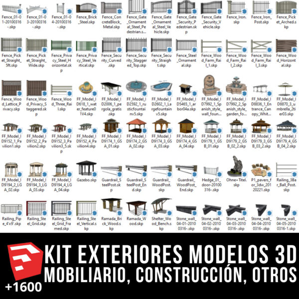 KIT MOBILIARIO DE EXTERIORES + PACK CONSTRUCCIÓN + PACK VEGETACIÓN + PACK SEÑALETICA Y MÁS MODELOS 3D +1600 BLOQUES PARA SKETCHUP