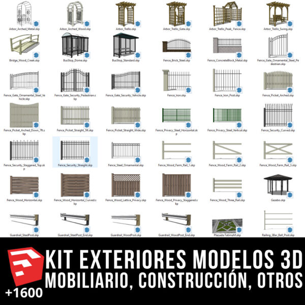 KIT MOBILIARIO DE EXTERIORES + PACK CONSTRUCCIÓN + PACK VEGETACIÓN + PACK SEÑALETICA Y MÁS MODELOS 3D +1600 BLOQUES PARA SKETCHUP