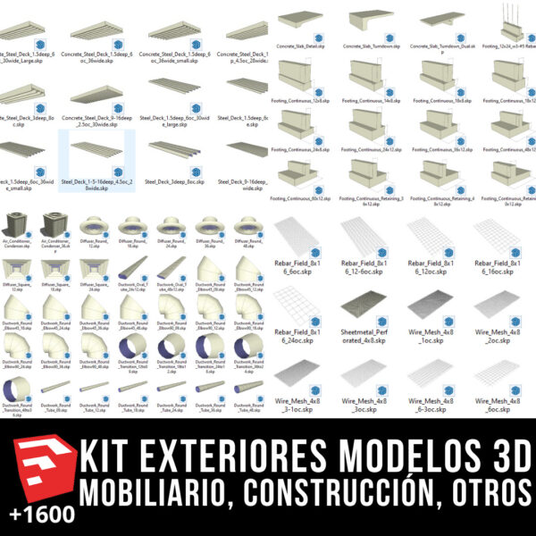 KIT MOBILIARIO DE EXTERIORES + PACK CONSTRUCCIÓN + PACK VEGETACIÓN + PACK SEÑALETICA Y MÁS MODELOS 3D +1600 BLOQUES PARA SKETCHUP