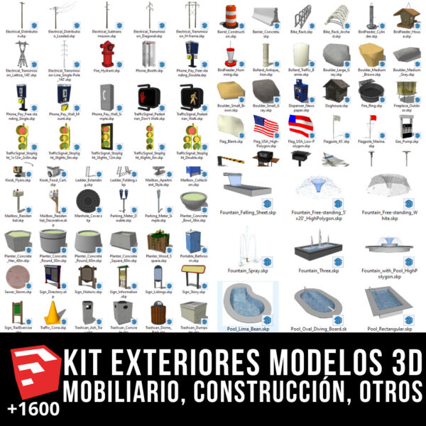 KIT MOBILIARIO DE EXTERIORES + PACK CONSTRUCCIÓN + PACK VEGETACIÓN + PACK SEÑALETICA Y MÁS MODELOS 3D +1600 BLOQUES PARA SKETCHUP