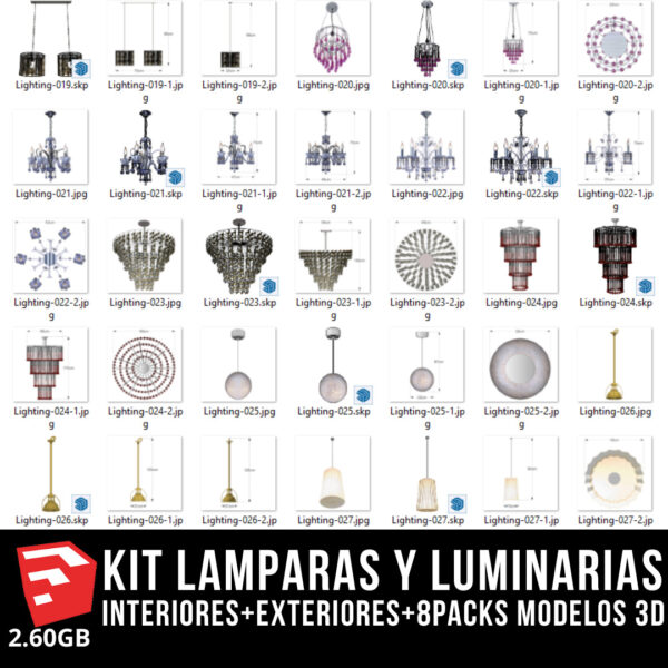 KIT LAMPARAS Y LUMINARIAS interiores+exteriores+8packs modelos 3d