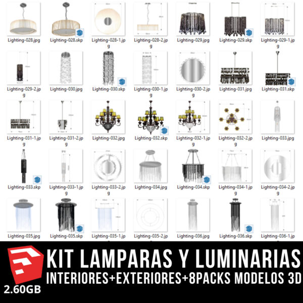 KIT LAMPARAS Y LUMINARIAS interiores+exteriores+8packs modelos 3d
