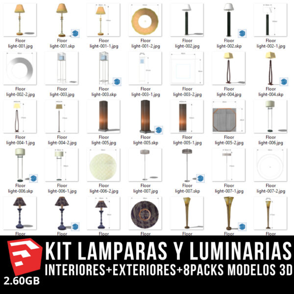 KIT LAMPARAS Y LUMINARIAS interiores+exteriores+8packs modelos 3d