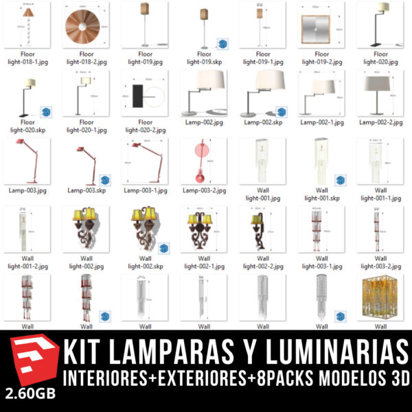 KIT LAMPARAS Y LUMINARIAS interiores+exteriores+8packs modelos 3d