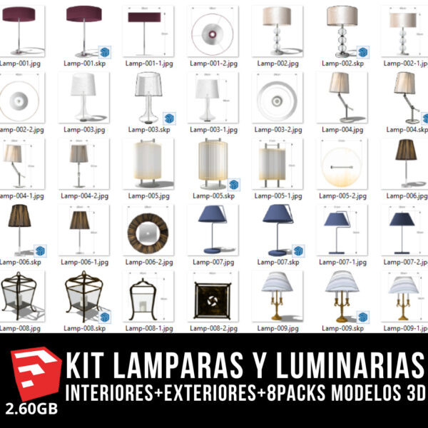 KIT LAMPARAS Y LUMINARIAS interiores+exteriores+8packs modelos 3d