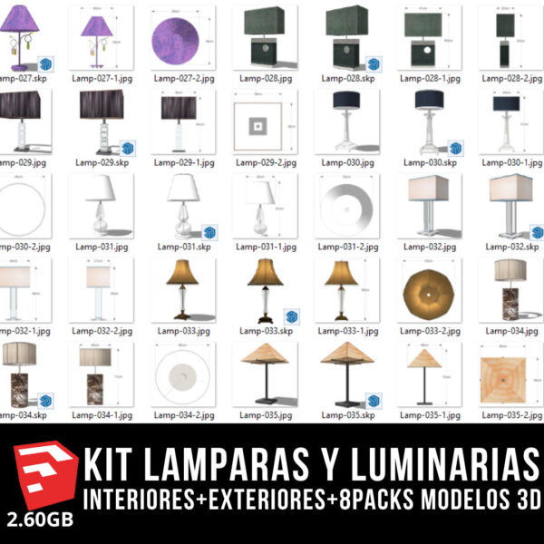 KIT LAMPARAS Y LUMINARIAS interiores+exteriores+8packs modelos 3d