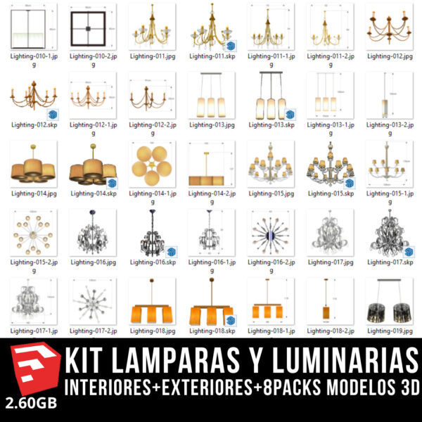 KIT LAMPARAS Y LUMINARIAS interiores+exteriores+8packs modelos 3d