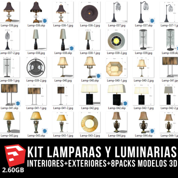 KIT LAMPARAS Y LUMINARIAS interiores+exteriores+8packs modelos 3d