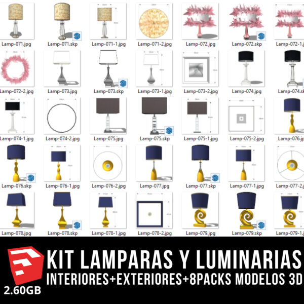 KIT LAMPARAS Y LUMINARIAS interiores+exteriores+8packs modelos 3d