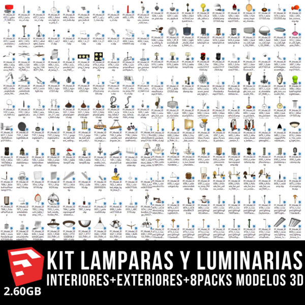 KIT LAMPARAS Y LUMINARIAS interiores+exteriores+8packs modelos 3d