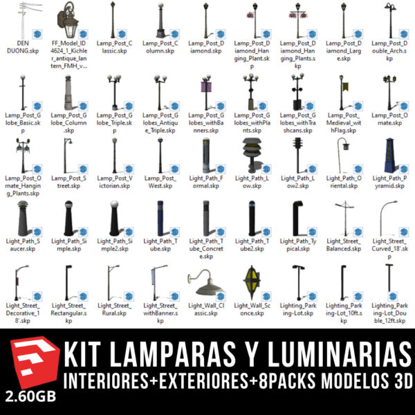 KIT LAMPARAS Y LUMINARIAS interiores+exteriores+8packs modelos 3d