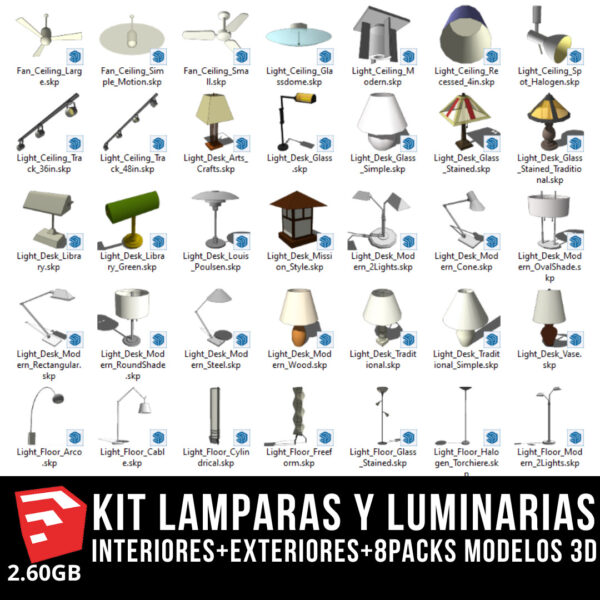 KIT LAMPARAS Y LUMINARIAS interiores+exteriores+8packs modelos 3d