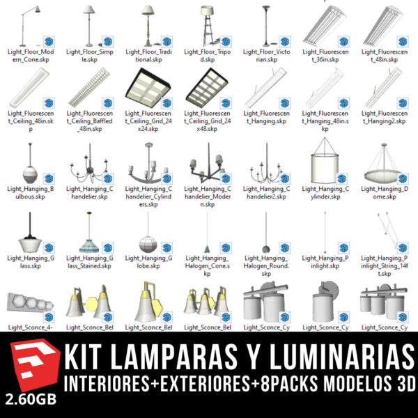 KIT LAMPARAS Y LUMINARIAS interiores+exteriores+8packs modelos 3d