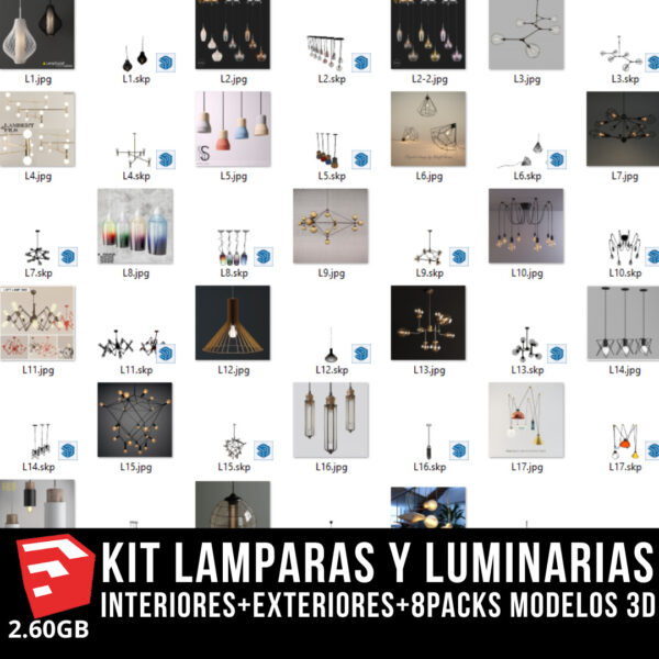 KIT LAMPARAS Y LUMINARIAS interiores+exteriores+8packs modelos 3d