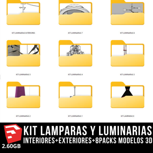 KIT LAMPARAS Y LUMINARIAS INTERIOR + KIT LUMINARIAS EXTERIORES + 8 PACKS MODELOS 3D + 2.60GB MODELOS 3D BLOQUES PARA SKETCHUP DE ALTA CALIDAD - Imagen 24