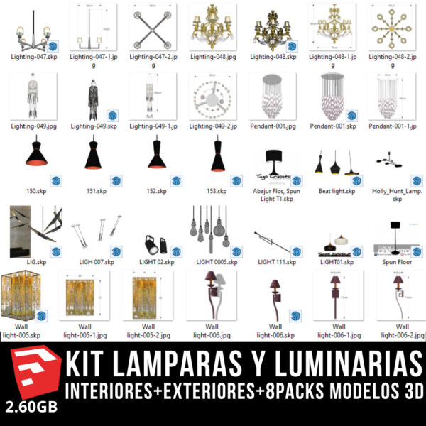KIT LAMPARAS Y LUMINARIAS interiores+exteriores+8packs modelos 3d