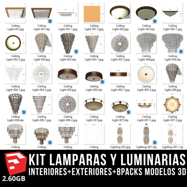 KIT LAMPARAS Y LUMINARIAS interiores+exteriores+8packs modelos 3d