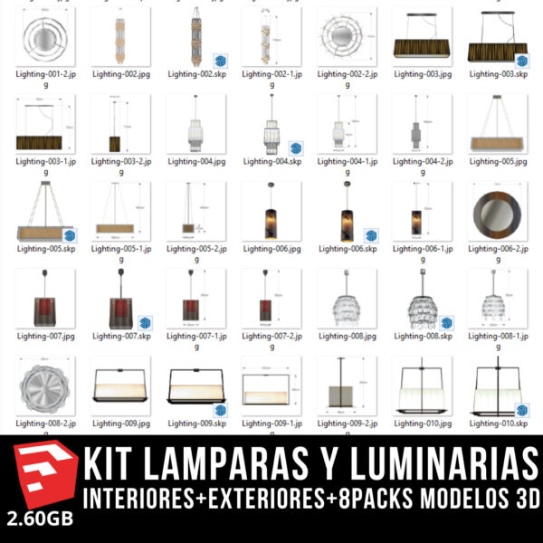 KIT LAMPARAS Y LUMINARIAS interiores+exteriores+8packs modelos 3d