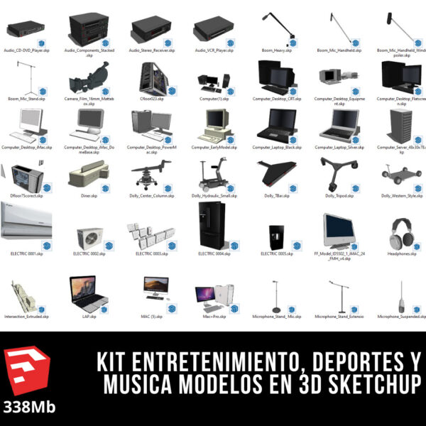 KIT ENTRETENIMIENTO + KIT GYM + KIT DE DEPORTES + KIT DE MUSICA MODELOS EN 3D SKETCHUP