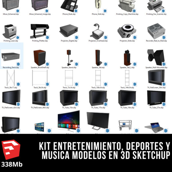 KIT ENTRETENIMIENTO + KIT GYM + KIT DE DEPORTES + KIT DE MUSICA MODELOS EN 3D SKETCHUP