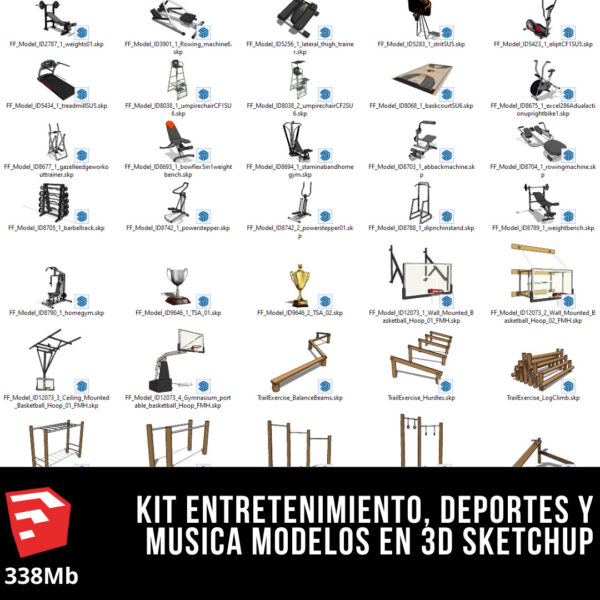 KIT ENTRETENIMIENTO + KIT GYM + KIT DE DEPORTES + KIT DE MUSICA MODELOS EN 3D SKETCHUP