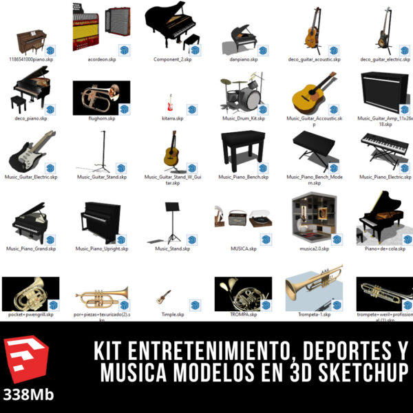 KIT ENTRETENIMIENTO + KIT GYM + KIT DE DEPORTES + KIT DE MUSICA MODELOS EN 3D SKETCHUP