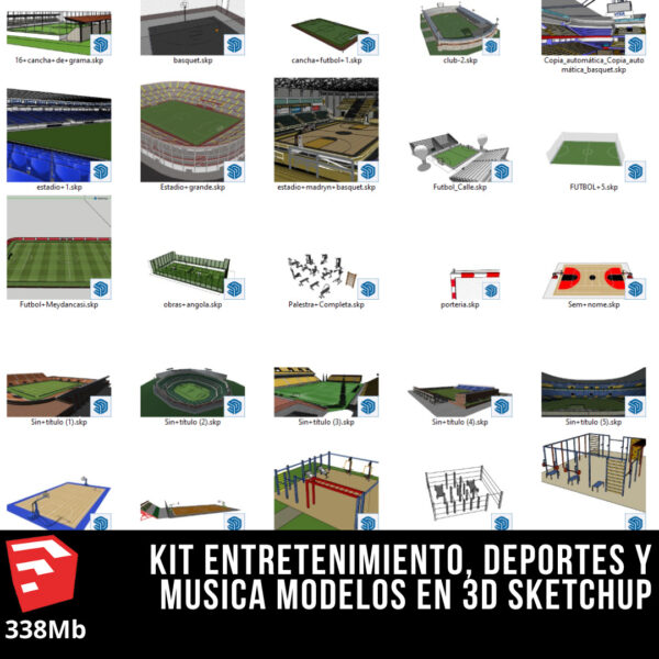 KIT ENTRETENIMIENTO + KIT GYM + KIT DE DEPORTES + KIT DE MUSICA MODELOS EN 3D SKETCHUP