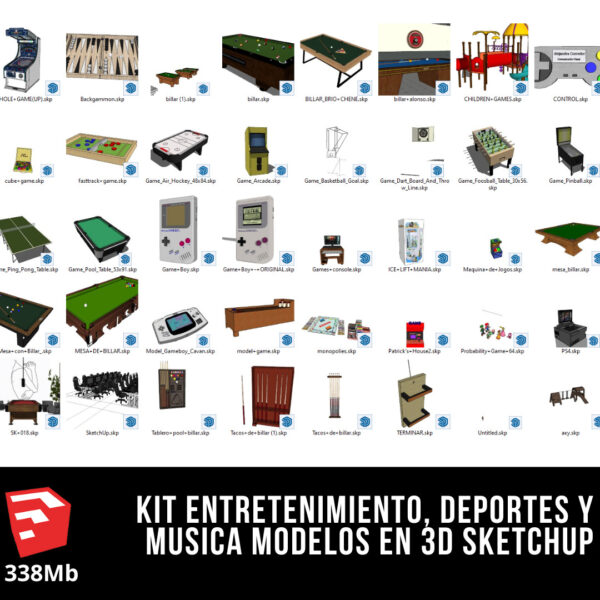 KIT ENTRETENIMIENTO + KIT GYM + KIT DE DEPORTES + KIT DE MUSICA MODELOS EN 3D SKETCHUP