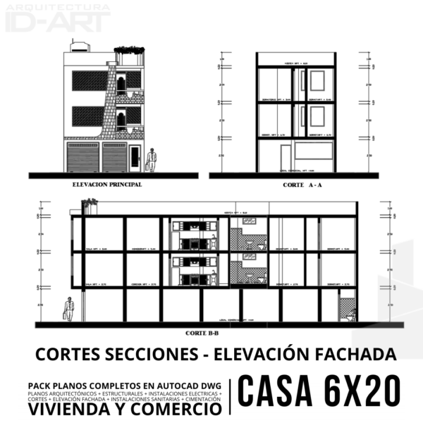 PACK PLANOS COMPLETOS EN AUTOCAD .DWG DISEÑO DE CASA (6m x 20m) PARA VIVIENDA Y COMERCIO