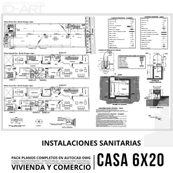 PACK PLANOS COMPLETOS EN AUTOCAD .DWG DISEÑO DE CASA (6m x 20m) PARA VIVIENDA Y COMERCIO